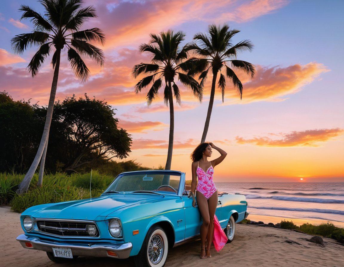 A serene coastal landscape with a vibrant sunset reflecting off gentle waves, featuring a confident woman in a stylish two-piece swimsuit standing on a rocky beach, her hair flowing in the wind. Beside her, a vintage convertible car parked with beach towels and a picnic basket on the roof, palm trees swaying in the background, evoking a sense of adventure and freedom. The color palette should include warm oranges, soft pinks, and deep blues for a dreamy atmosphere. super-realistic. vibrant colors.