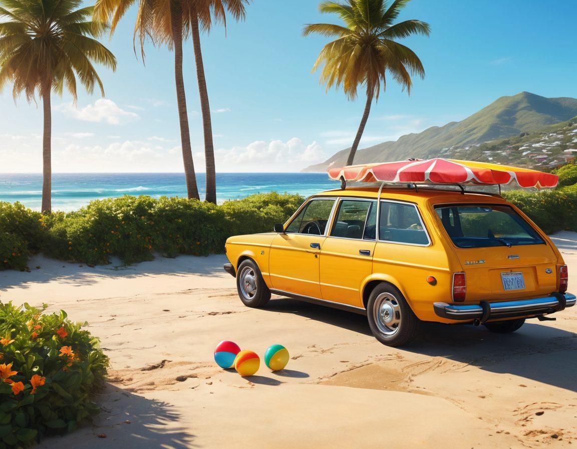 A scenic coastal drive with a stylishly packed car in the foreground, showcasing colorful swimwear hanging out of open windows. In the background, azure waves crash against golden sandy beaches, with vibrant beach umbrellas dotting the shoreline. Add playful elements like beach balls and surfboards to evoke a lively summer vibe. The sky is clear and sunny, enhancing the cheerful atmosphere. super-realistic. vibrant colors. 3D.